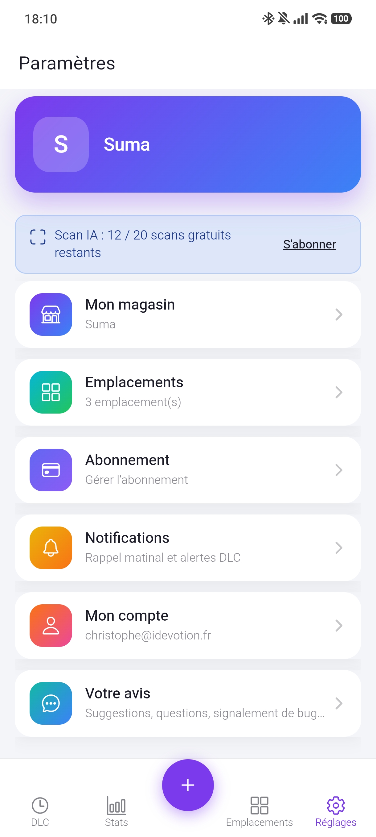 Écran paramètres avec magasin, emplacements, abonnement et compte