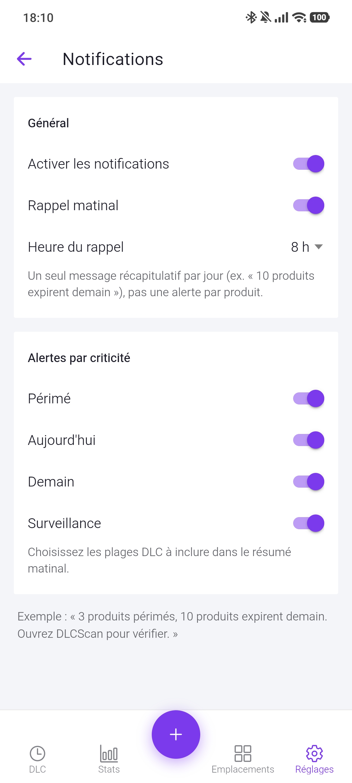 Réglages des notifications et rappel matinal par criticité