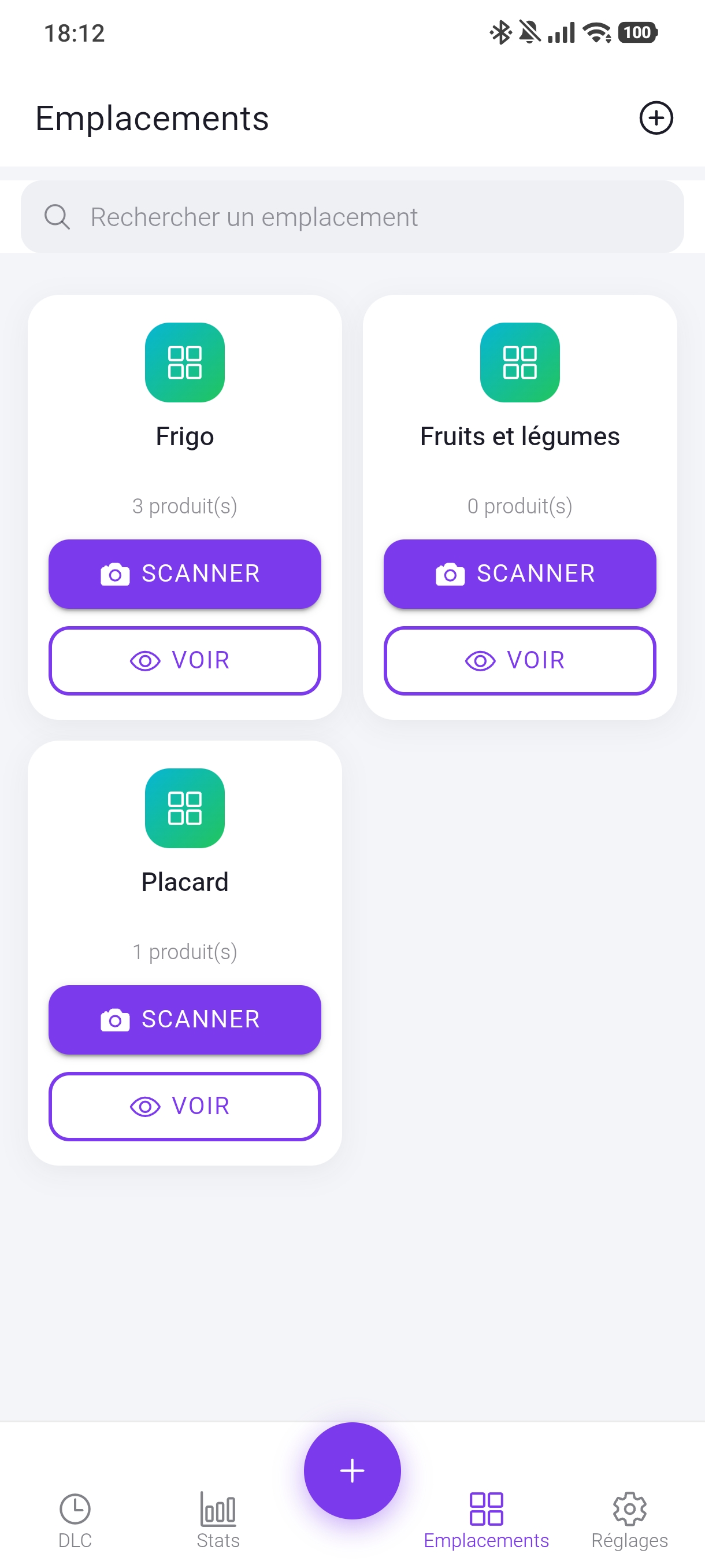 Liste des emplacements : frigo, fruits et légumes, placard