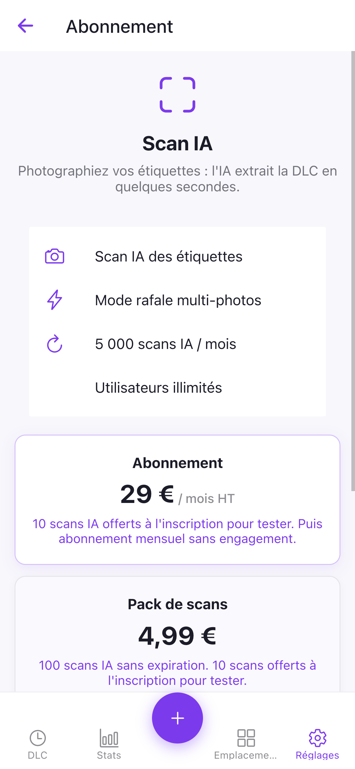 Écran abonnement professionnel et pack de scans particuliers